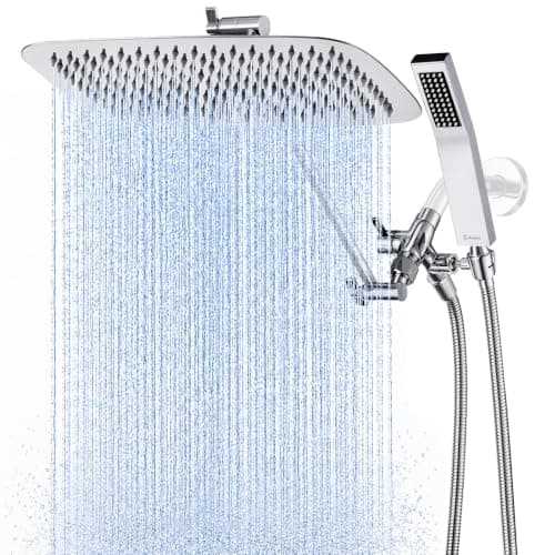 G-Promise All Metal 14 Inch Dual Square Shower Head with Handheld Spray Combo, Rain Shower Head, Adjustable Extension Arm, 3-Way Diverter, 71 Inch Extra Long Hose - A Bathroom Upgrade (Chrome) - Image 1