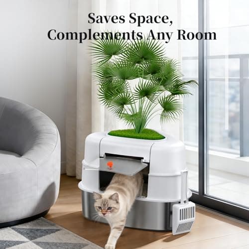 Chumajor XXL Stainless Steel Corner Cat Litter Box with Lid, Enclosed Hidden Plant Litter Box with Artificial Plant, Easy-Clean Covered Decorative Litter Box for Large Cats, White - Thumbnail 3