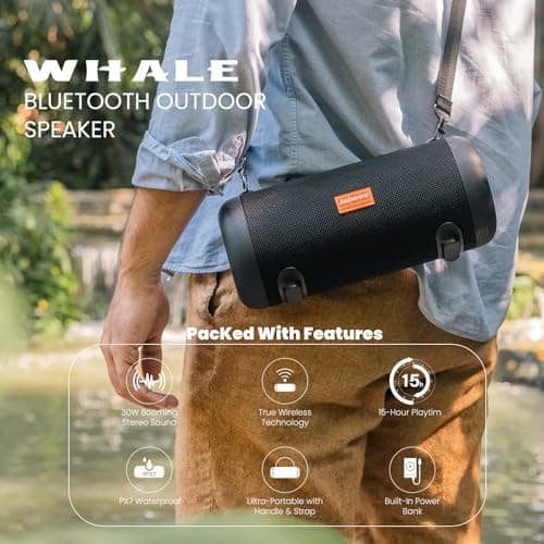 Jabees Whale Bluetooth Speaker with IPX7 Waterproof, 30W Portable Bluetooth Wireless Loud Stereo Sound, 15H Playtime, Built-in Power Bank, Outdoor Wireless Speaker - Thumbnail 3