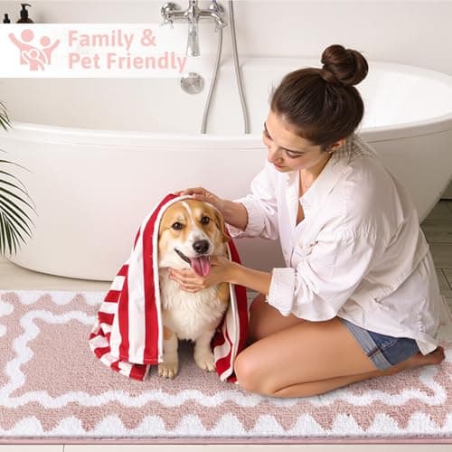 Findosom Bathroom Rugs Sets 5 Piece, Absorbent Soft Non-Slip Washable Microfiber Shaggy Bath Mat Set with Bathroom Runner Rug, U-Shaped Toilet Rugs, Shower Rug & Toilet Lid Cover, Pink-White - Thumbnail 2