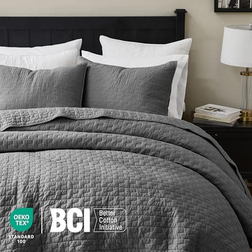 palassio Dark Grey 100% Cotton Quilt King Size Bedding Sets with 2 Pillow Shams, Textured Lightweight Soft Bedspread Shabby Chic Coverlet, Quilted Comforter Bed Cover for All Season, 3 Pieces - Thumbnail 4