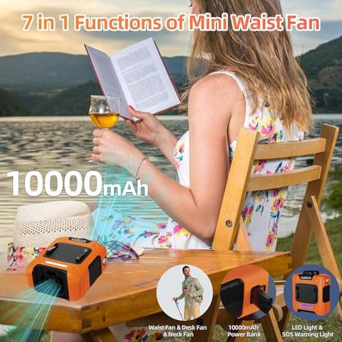 AMKEN Waist Fan, 10000mAh Rechargeable Belt Clip Fan, 24H Runtime, 49ft/s Strong Airflow, 3-Speed 7-in-1 Hands-Free Wearable with LED SOS Warning Light for Jobsite, Warehouse, Camping, Outdoor Work - Thumbnail 2