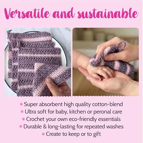 KnitPal Everyday Joy Crochet Kit for Confident Beginners – Make 4 Reusable 7.5 x 7.5 in Dishcloths – with Cotton to The Core Yarn (#3 DK), Hook, Patterns & Video Tutorials (Plum Purple + Blush Pink) - Thumbnail 4