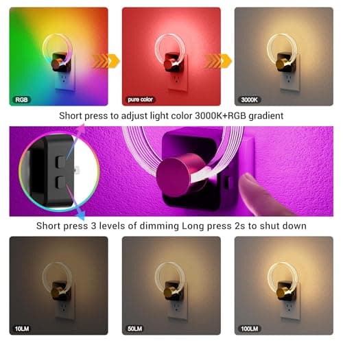 JandCase Night Light, 2 Pack Color Changing Night Lights Plug into Wall, RGB Nightlight with Light Sensor, 180° Rotatable Plug in Nightlights, Dimmable Ring Acrylic Night Light for Kids Gifts Hallway - Thumbnail 4