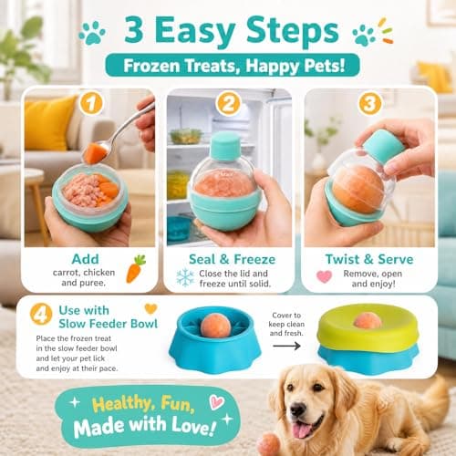 Dog Licking Bowl with Rolling Ball for Liquid Treats, Anti Slip Slow Feeder Dog Bowls with Ice Ball Mold & Clean Brush, Enrichment Puzzle Toy for Small and Medium Dogs - Thumbnail 4