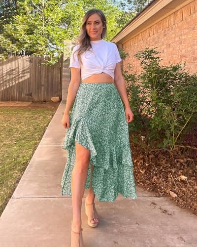 BTFBM Women 2026 Spring Summer Long Skirts Dress Boho Floral Elastic Waist Split Ruffle High Low Beach Maxi Skirt Clothes(Print Floral Green, Medium) - Thumbnail 2