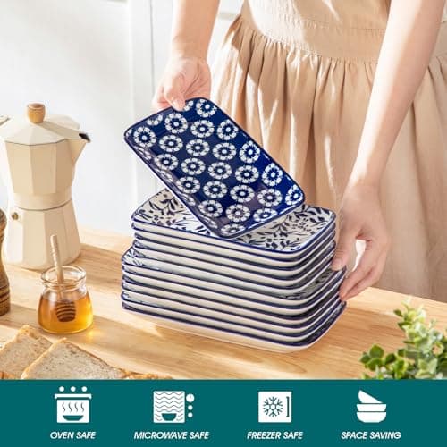 vancasso Selene 8.5 Inch Rectangular Salad Plates Set of 6, Ceramic Salad Plates for Sushi, Dessert, Appetizer, Porcelain Platters for Kitchen Decor, Microwave & Oven Safe, Vintage Blue & White Color - Thumbnail 5