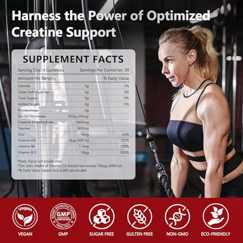 Slsomu Creatine Gummies for Women, 5000mg Pre-Workout Muscle Strength & Energy Support, 0 Sugar Creatine Gummy with L-Taurine, Zinc, B12 B6, Strawberry Flavor, Vegan - 120 Gummies - Thumbnail 2