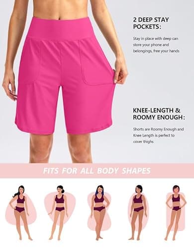 Viodia Women's 9" Long Swim Board Shorts with Pockets High Waisted Beach Swimsuits Knee Length Short for Women with Liner Rosy - Thumbnail 4