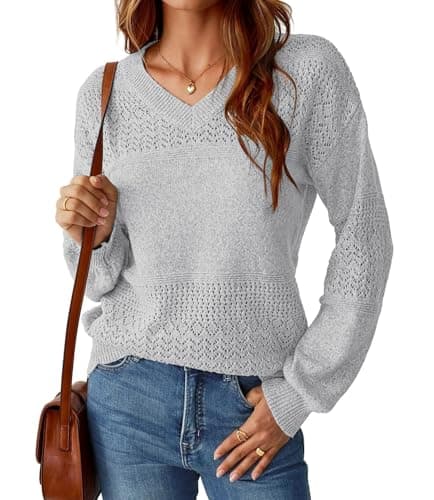 NORACORA Womens V Neck Fall Sweaters 2025 Casual Long Sleeve Ribbed Knit Pullover Lightweight Crochet Pullover Sweater Tops Grey - Thumbnail 6