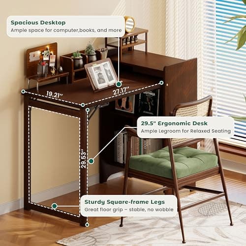 HDDFER Bamboo Folding Desk for Small Spaces,Hidden Desk with Storage Shelf, Foldable Computer Desk for Bedroom Home Office, Mid Century Modern Fold Out Table Writing Table, Walnut - Thumbnail 3