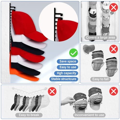 MAGTSMEI Hat Organizer for Baseball Caps, 1 Pack Hat Rack Adhesive Hat Hooks for Wall Hold Up to 16 hats, 10.3 * 2.1 inch Hat Storage Display Hat Hanger Holder for Door Closet, Patent Pending - Thumbnail 3
