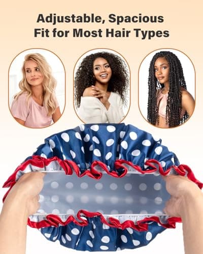 mikimini Shower Cap Reusable Waterproof for Women, Large Shower Cap for Long Hair with Elastic Band - Double-Layer Hair Cap with Classic Polka Dot Print for Thick Hair & Braids - Thumbnail 4