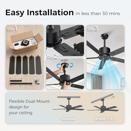 Obabala Outdoor Ceiling Fan No Light, 52'' Black Ceiling Fan with Remote, Noiseless, Reversible, 5 Blades for Patio/Living Room/Bedroom - Thumbnail 5