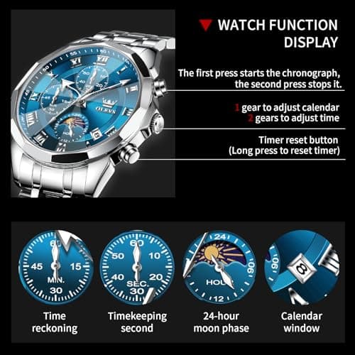 OLEVS Watch Men Luxury Sliver Stainless Steel Dress Waterproof Blue Face Wrist Watches for Men Classic Analog Quartz Moon Phase Chronograph Men Watch Relojes De Hombre - Thumbnail 6