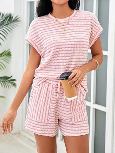 Tankaneo Womens Striped Summer 2 Piece Short Sets Short Sleeve T Shirts Drawstring Shorts Casual Outfits Lounge Pajama Sets - Thumbnail 4