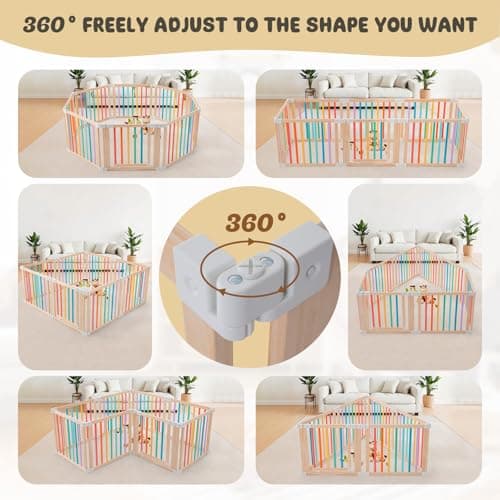 Gewitt Baby Wooden Playpen, Foldable Shape & Size Adjustable Playpen for Toddler and Babies, Wood Baby Play Yard with Locking Gate, Large Pack and Play for Play Area Indoor(Multicolor, 8 Panel) - Thumbnail 6