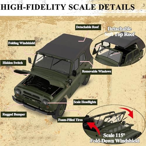 XMFHANG 1:12 Scale 4WD RC Truck, RC Crawler with Proportional Steering & Throttle, Realistic Military Off-Road Truck Model, Metal Chassis Frame, 2.4GHz Remote Control Toy for Adults & Kids Green - Thumbnail 4
