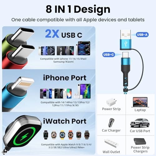 Travel Essentials,USB A/C 4 in 2 Multi Charging Cable for i Watch Charger/Type C Charger/IP Port,Travel Chargers for Multiple Devices, Portable Designed for iWatch &iPhone 17-8 (2, Blue&Black, 5FT) - Thumbnail 2
