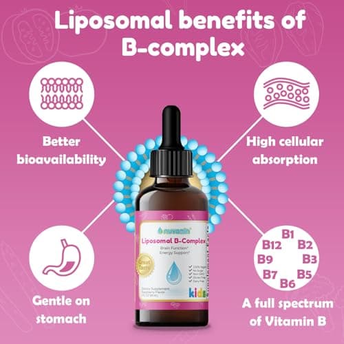 Nuvamin – Liquid Liposomal B-Complex Drops for Kids Baby Toddlers & Adults, 2Fl.Oz (60ml), 120 Daily Serving. B1, B2, B3, B5, B6, B7, B9, B12. Great Taste - Natural - High Absorption, Raspberry Flavor - Thumbnail 2