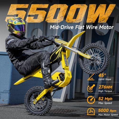 Tasaca V58 Electric Dirt Bike, 5500W Peak Mid-Drive Motor & 276NM, 55 MPH Max Speed & 5-Gears Electric Motorcycle with 52V 30Ah Long Battery, Hydraulic Brakes Off-Road EBike (Dark Yellow) - Thumbnail 3