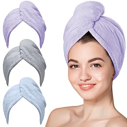 Hicober Microfiber Hair Towel, 3 Packs Hair Turbans for Wet Hair, Drying Hair Wrap Towels for Curly Hair Women Anti Frizz(Purple, Blue, Grey) - Image 1