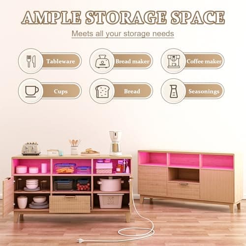 GlouMod 58" Coffee Bar Cabinet with Storage and Drawers, Large Sideboard Buffet Cabinet with Charging Station, Adjustable Lighting, 2 Doors and Open Shelves, Fluted Panel, Natural Oak - Thumbnail 5