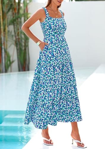 PRETTYGARDEN Womens 2026 Summer Dresses Fashion Clothing Floral Maxi Dress Ruffle Long Flowy Boho Beach Vacation Sundresses (Blue Floral,Small) - Thumbnail 4