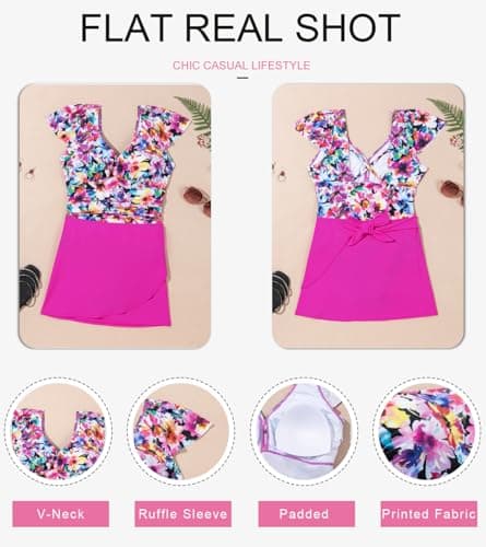 Dokotoo Swimsuit for Women 2026 Push Up Sexy V-Neck Summer Padded Bathing Suits 2 Pieces Floral Printed High Waist Swimsuit with Wrap Skirt Ruffle Sleeve Beach Bathing Suits Multicolour XX-Large - Thumbnail 4