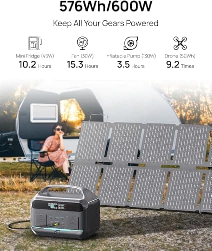 Portable Power Station 600W (1200W Surge) with 100W Solar Panel Included, 576Wh LiFePO4 Electric Generator, 1Hr Fast Charging, 100W USB-C PD Output, Solar Power Bank for Home Emergency, Camping, CPAP - Thumbnail 2