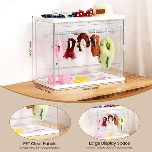 Clear Doll Wardrobe Storage Box Compatible with Labubu 15/17cm Doll Clothes & Accessories, Clear Display Box Shelf, Includes 10 Hangers, 1 Rod & 2 Supports, Stackable - Thumbnail 2