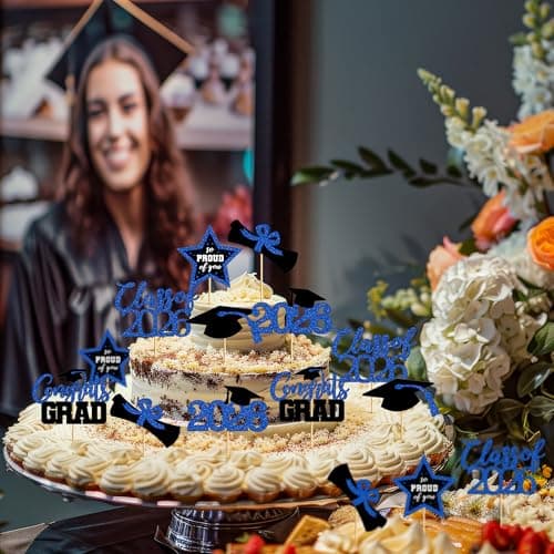 48 PCS Grad Cupcake Toppers, 6 Styles Graduation Cake Topper, Congrats Graduation Decorations 2026, Glittery Black and Blue Cap and Diploma Cake Picks for Grad Decor Party Supplies - Thumbnail 6