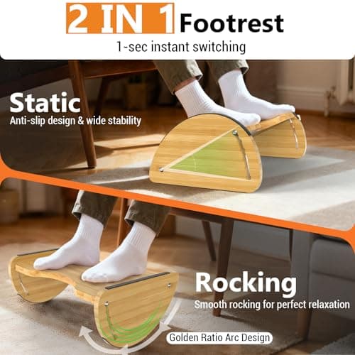 Bamboo Foot Rest for Under Desk at Work - Reversible Rocking Desk Footrest 2-in-1 with 6 Adjustable Heights, Ergonomic Foot Rest Under Desk with Anti-Slip Surface for Home, Office and Gaming - Thumbnail 2