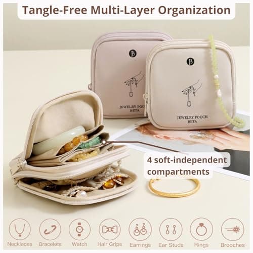 tianzong Small Travel Jewelry Case, Bridesmaid Gifts, Tangle-Free Jewelry Pouch Bag with Gift Box, Waterproof PU Jewelry Organizer for Valuables (Beige, Double Zipper) - Thumbnail 2