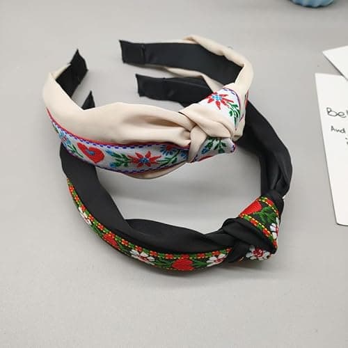 EENSYWEENSY 2 Pack Embroidered Floral Knotted Headbands, Vintage Boho Jacquard Fabric Ribbon Hair Accessory - Thumbnail 2