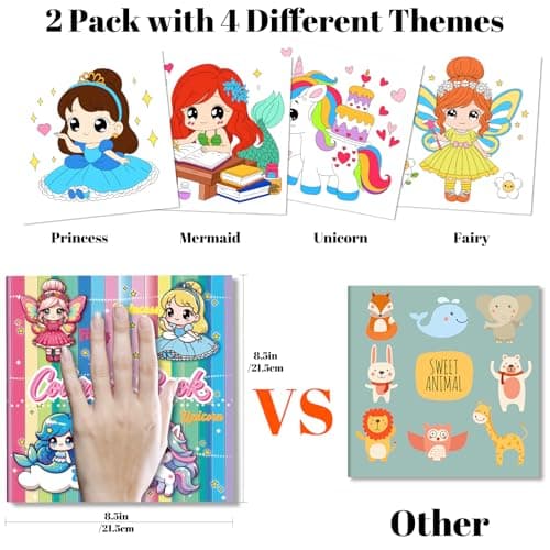 Kalysky 2Pcs Coloring Book for Girls, Cute Princess Unicorn Mermaid Coloring Books for Kids Ages 4-8, Easy Coloring Pages with Magical Themes for Birthday Christmas Gift - Thumbnail 2