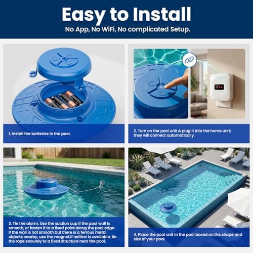 Pool Alarm for Inground & Above Ground Pools, Adjustable Sensitivity 85dB+ Loud Alerts, Weatherproof Floating Pool Safety Alarms for Pets (Blue) - Thumbnail 4