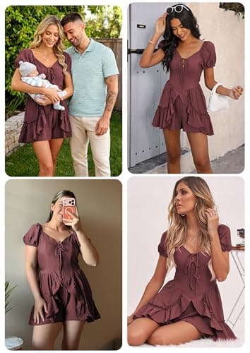 ECOWISH Womens Summer Short Rompers Tie Front V Neck Short Sleeve Ruffle Hem Beach Romper Dress with Pockets 2026 Bean Paste Small - Thumbnail 5