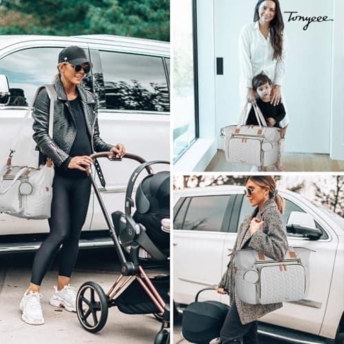 Tonyeee Diaper Bag Tote, Large Diaper Bags Waterproof, Hospital Bag for Labor Delivery, Baby Bag with Pacifier Case, Travel Diaper Tote with Changing Pad, Grey - Thumbnail 4
