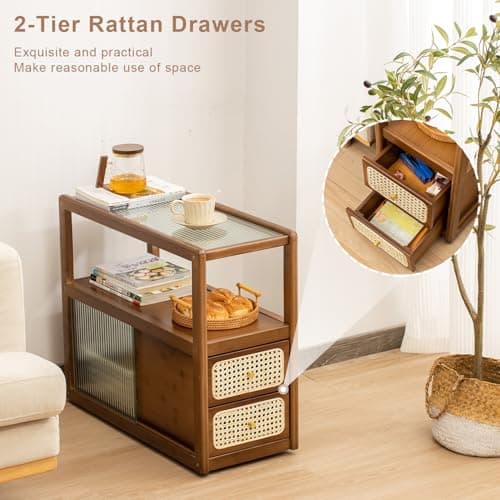ABAMFUR Bamboo & Rattan Side Table with Glass Top – 2-in-1 End Table and Bedside Cabinet with Drawer Storage for Small Spaces, Bedroom, Living Room,Walnut - Thumbnail 6