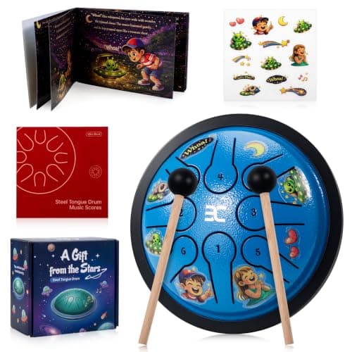 EX Steel Tongue Drum UFO Shape Design, Space Story Gift Set with Book & Stickers, 5.3 Inch 8 Notes Rain Drum for Outside Garden, Musical Instruments for Kids Adult Gift, Calming Drum, Blue - Image 1