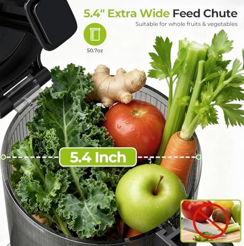 Havato Cold Press Juicer, 5.4" Extra Wide Feed Chute Juicer Machines for Whole Vegetables & Fruits, 98% High Juice Yield, Easy Clean & Install, Compact Slow Masticating Juicer with 300W, Silver - Thumbnail 2