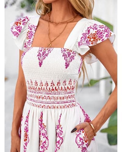 BTFBM Summer Dresses for Women 2026 Casual Floral Boho Sleeveless Square Neck A Line Flowy Beach Maxi Sundress Pockets(Floral White Rose Red, Small) - Thumbnail 4