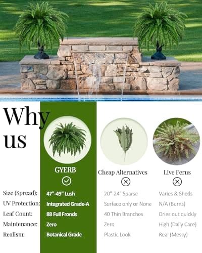 GYERB 48" Large Artificial Boston Fern Plants for Outdoor Indoor, Fake Ferns for Front Porch Hanging, Faux Greenery Bushes for Home Garden Office Decor, Silk Fern with Realistic Fronds, 88 Branches - Thumbnail 5