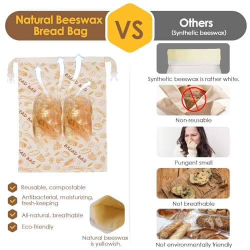 2-Pack Reusable Beeswax Bread Bags - Large 17x13 Inch for Sourdough & Homemade Bread Storage | All-Natural Beeswax Preservation, Eco-Friendly Cotton Food Bags - Easy to Clean & Daily Use - Thumbnail 3