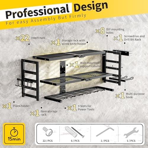 SEENWUUN Power Tool Organizer Wall Mount Heavy Duty 320 lbs, 3 Layers Storage Rack with 9 Drill Holders & Battery Storage, cordless tool organizer for Garage, Workshop & Tool Room - Thumbnail 6