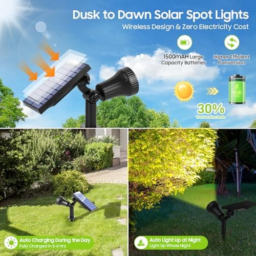 Solar Spot Lights Outdoor Waterproof, Upgraded 3-Level Ultra Bright LED Spotlights for Landscape, Solar Powered Garden Uplights for Wall, Tree, Pathway, Yard, Patio, Auto On/Off - 4 Pack (Warm White) - Thumbnail 4
