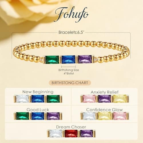 Fohufo Small Birthday Gifts for Women - 14K Gold Plated Beaded Bracelet, Birthstone Bracelets for Women, Valentines Day Birthday Gifts for Woman, Lucky Gift - Thumbnail 5