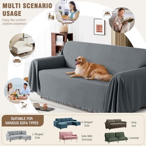 TAOCOCO Couch Covers for Pets Heavy Duty Couch Covers for 3 Cushion Couch Sectional Sofa Covers Durable Furniture Covers for Dogs, Kids, Washable Sofa Slipcovers with Tassels (91''x134'' Dark Grey) - Thumbnail 6