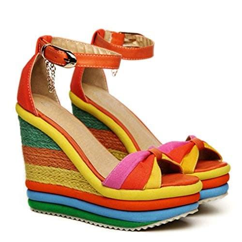 SaraIris Sandals for Women Gladiator Ankle Strap High Heel Platform Shoes Wedge Rainbow Sandals for Women Orange - Thumbnail 2